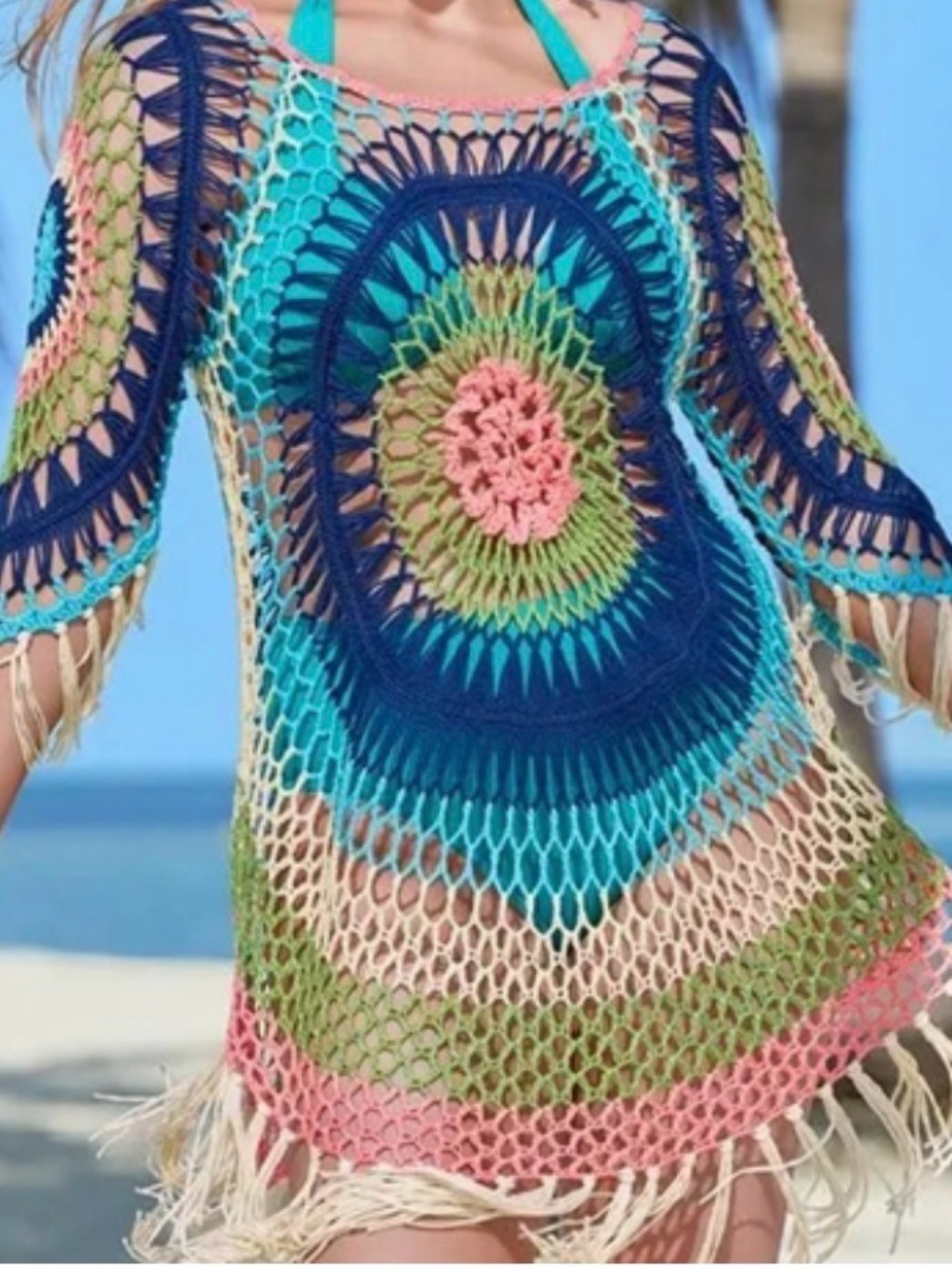 VENUS Crochet Open-Knit Cover-Up in Navy, Cream, Turquoise & Coral sz lg/xl
